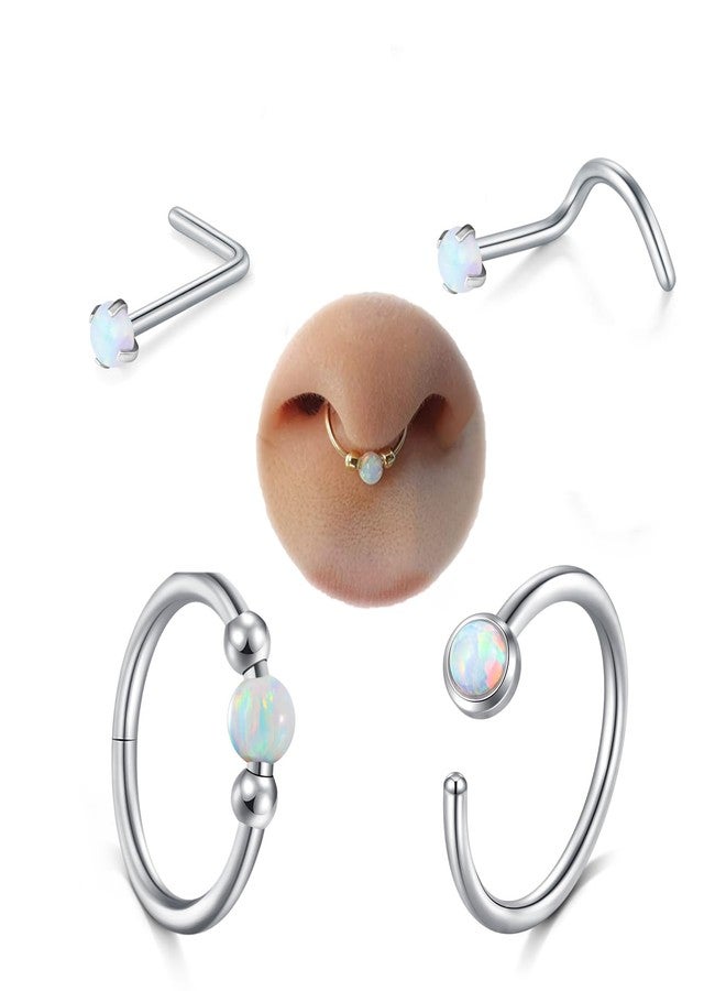 AVYRING Silver Nose Rings Hoops Opal Set - 18g & 20g Nose Piercing Jewelry Surgical Steel Nose Studs L Shaped Screw White Opal - Image 1